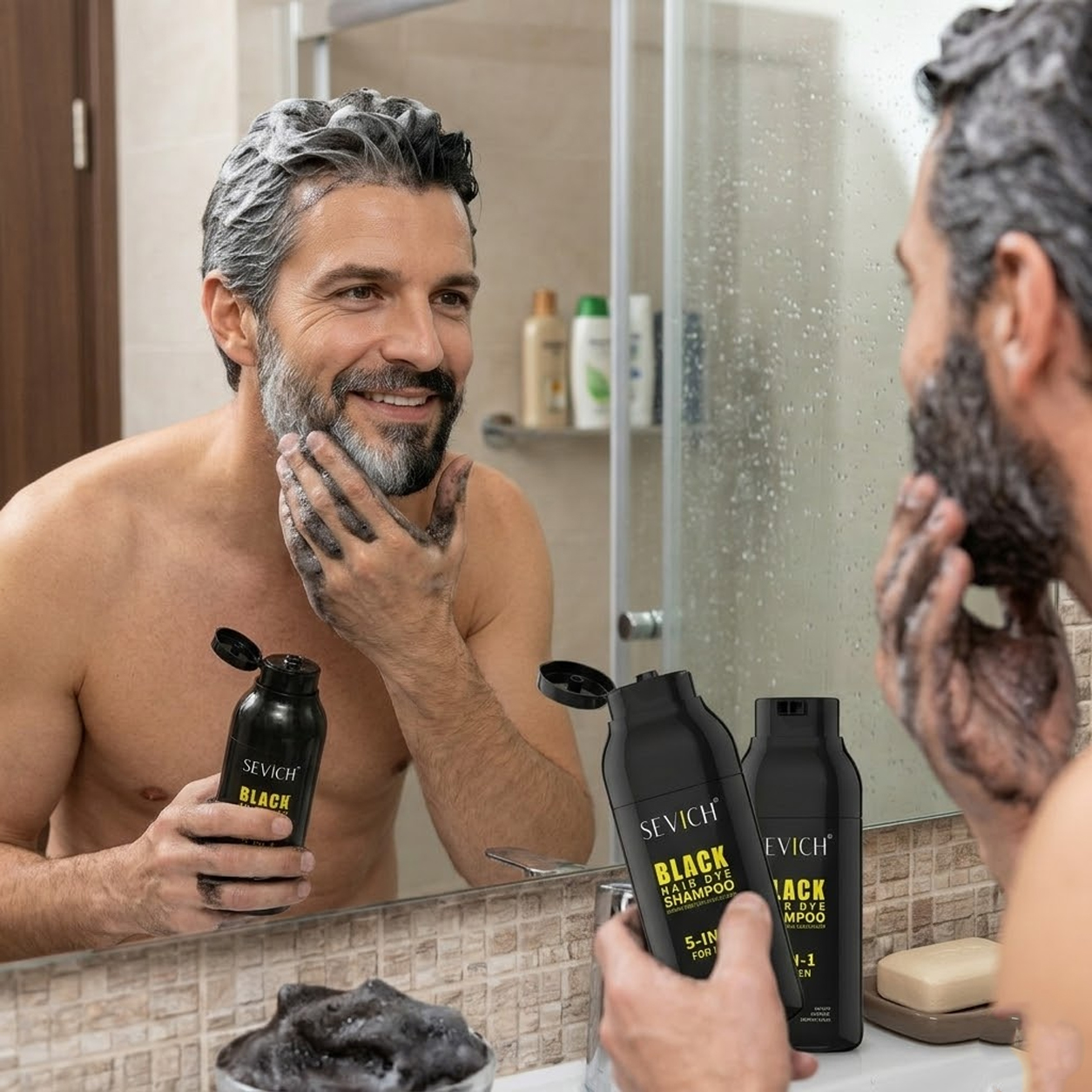 SEVICH 5-in-1 black hair & beard color shampoo for men, 3 pack