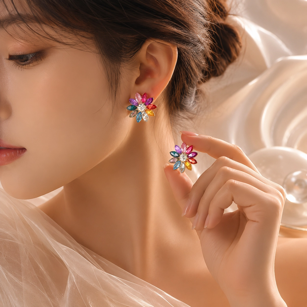 Elegant multicolor rhinestone flower stud earrings, 1 unit
