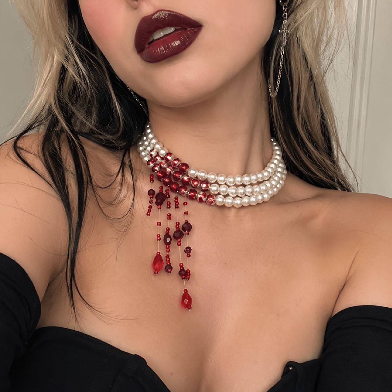 Multi-Layer Pearl & Red Tassel Gothic Choker Necklace - Image 3