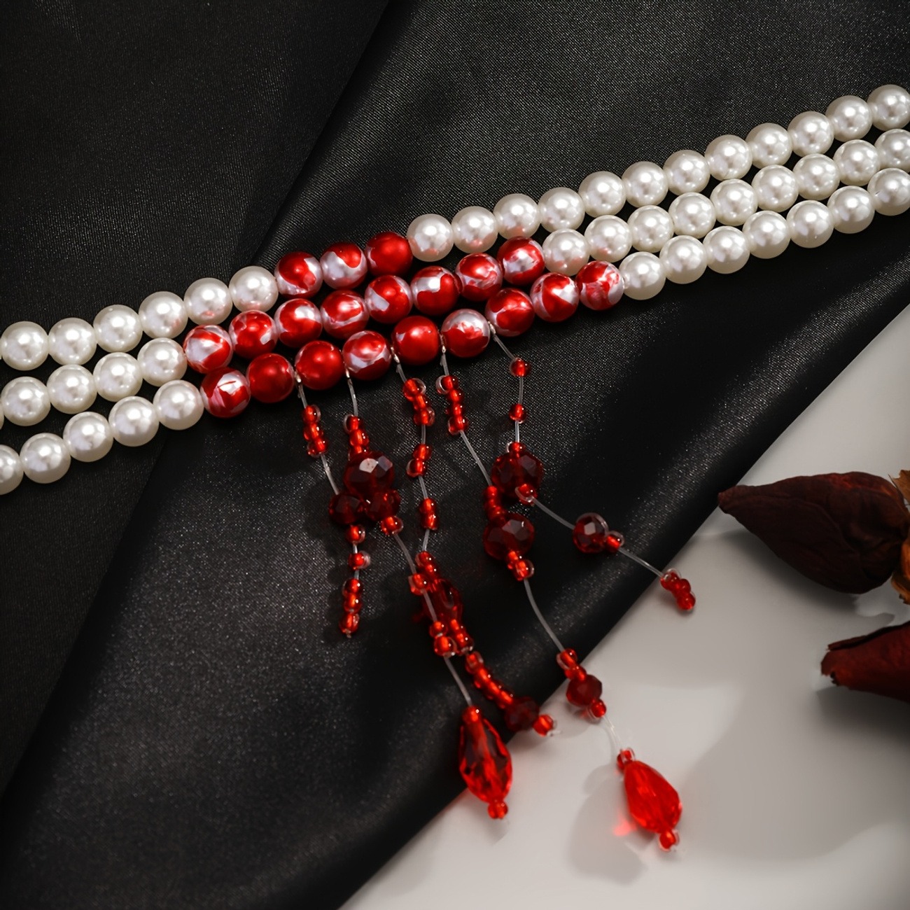 Multi-Layer Pearl & Red Tassel Gothic Choker Necklace - Image 4