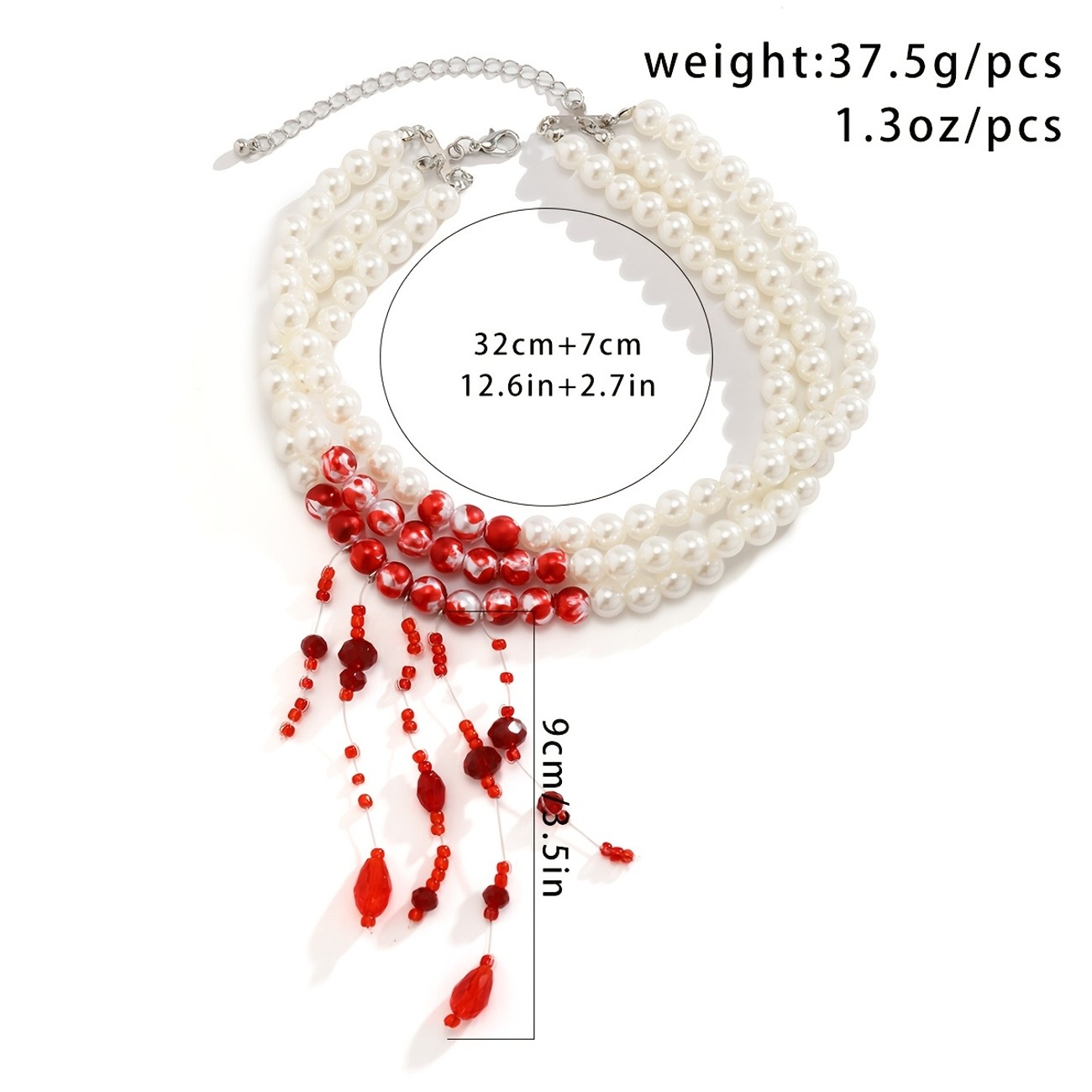 Multi-Layer Pearl & Red Tassel Gothic Choker Necklace - Image 5