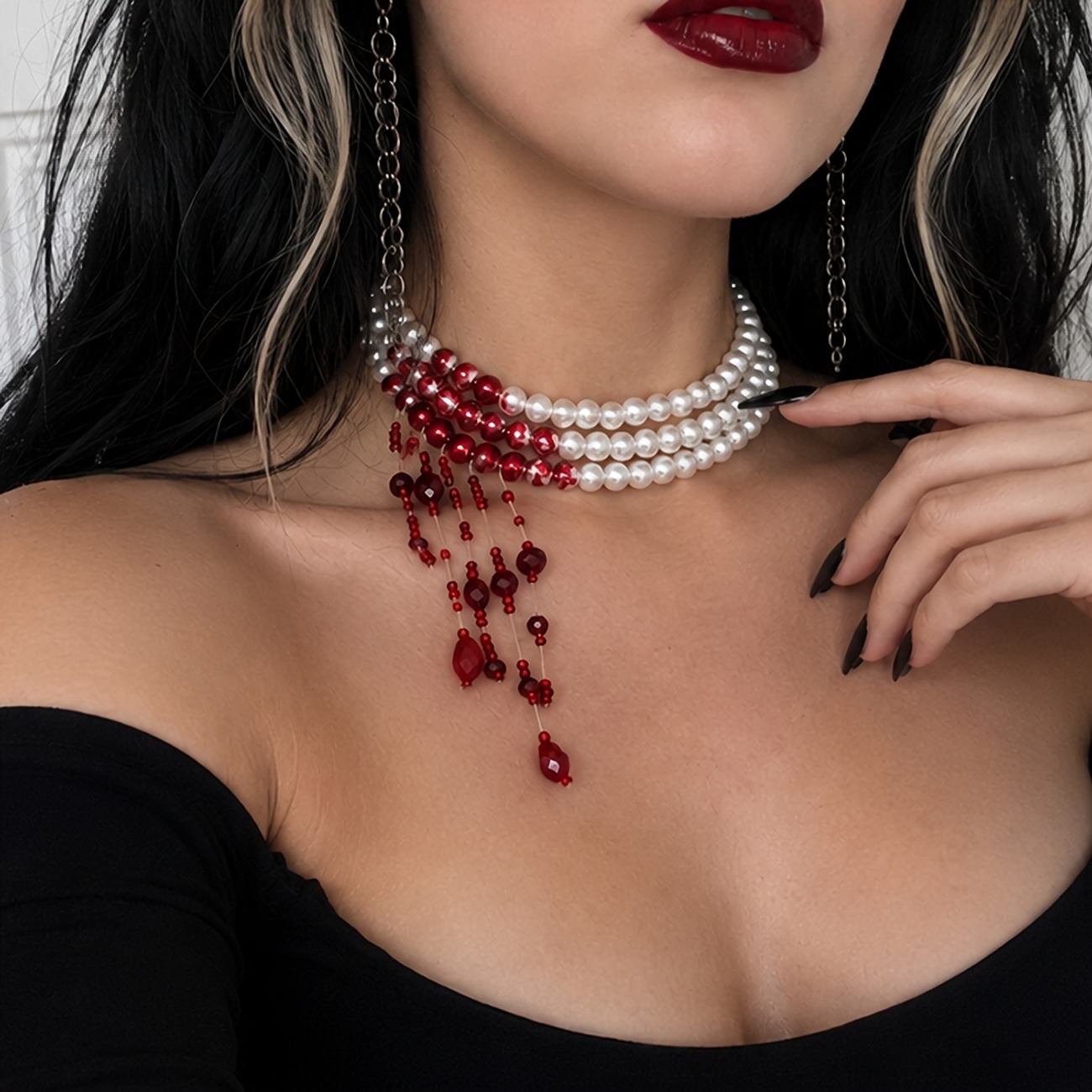 Multi-Layer Pearl & Red Tassel Gothic Choker Necklace
