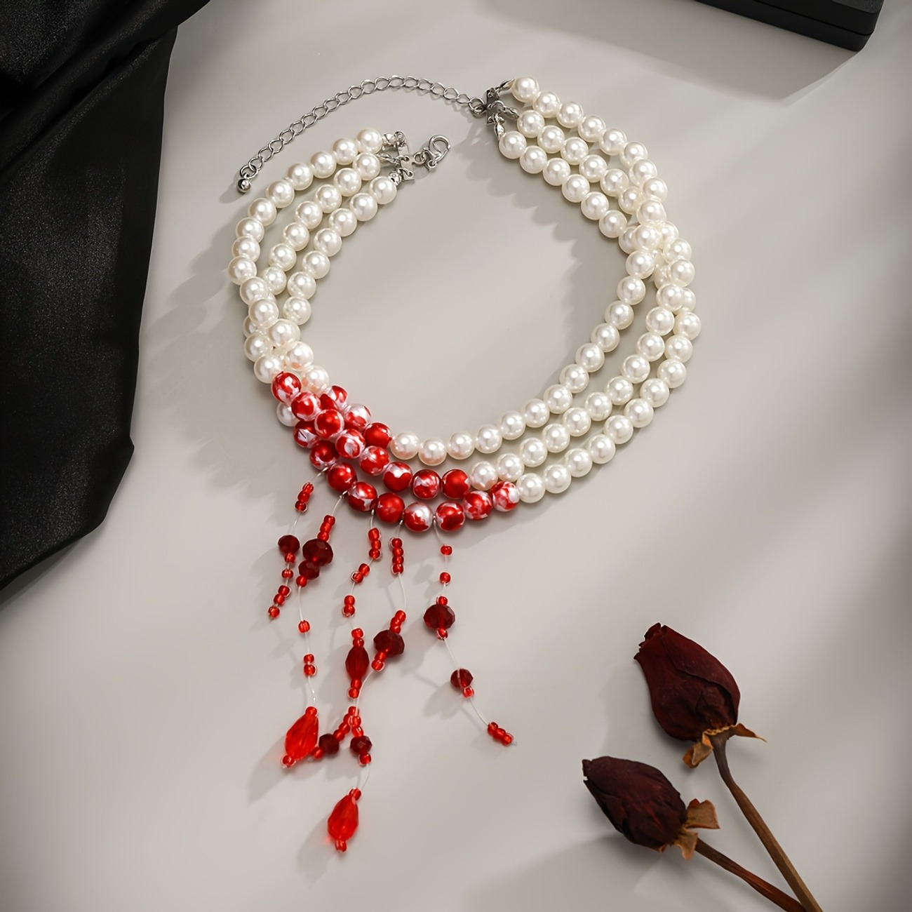 Multi-Layer Pearl & Red Tassel Gothic Choker Necklace - Image 6