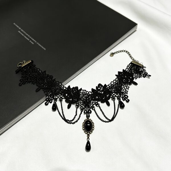 Black Lace Gothic Choker Necklace with Teardrop Pendant
