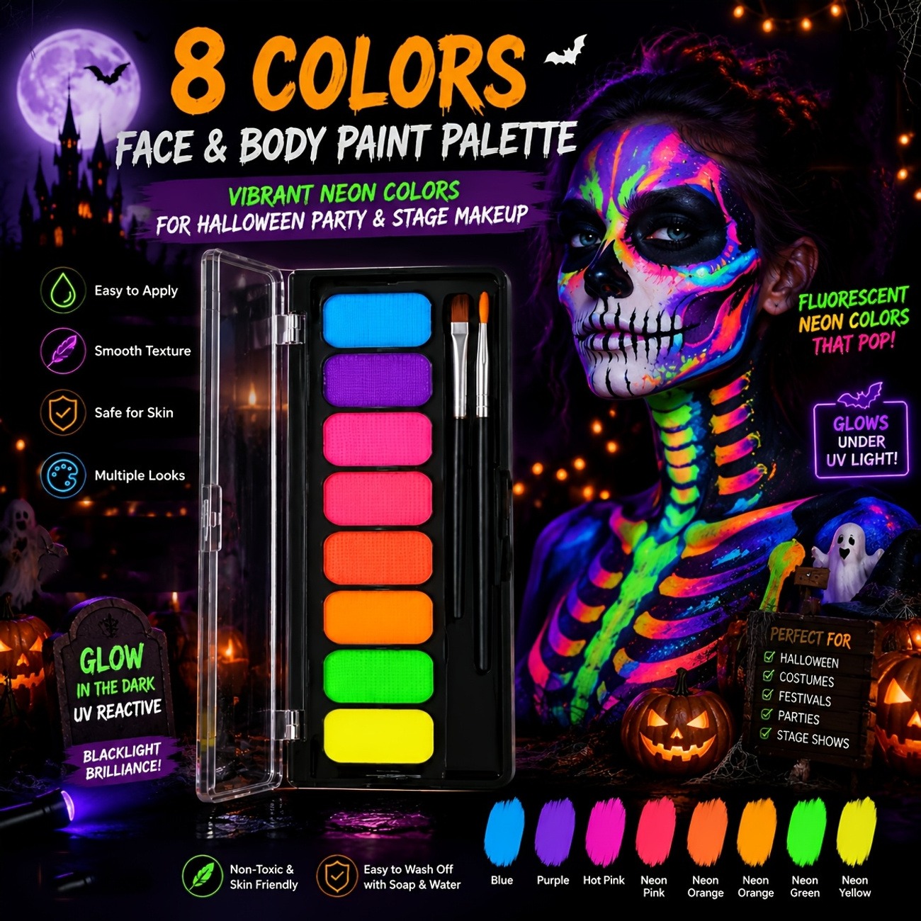 8-Color Water-Activated Face & Body Paint Palette