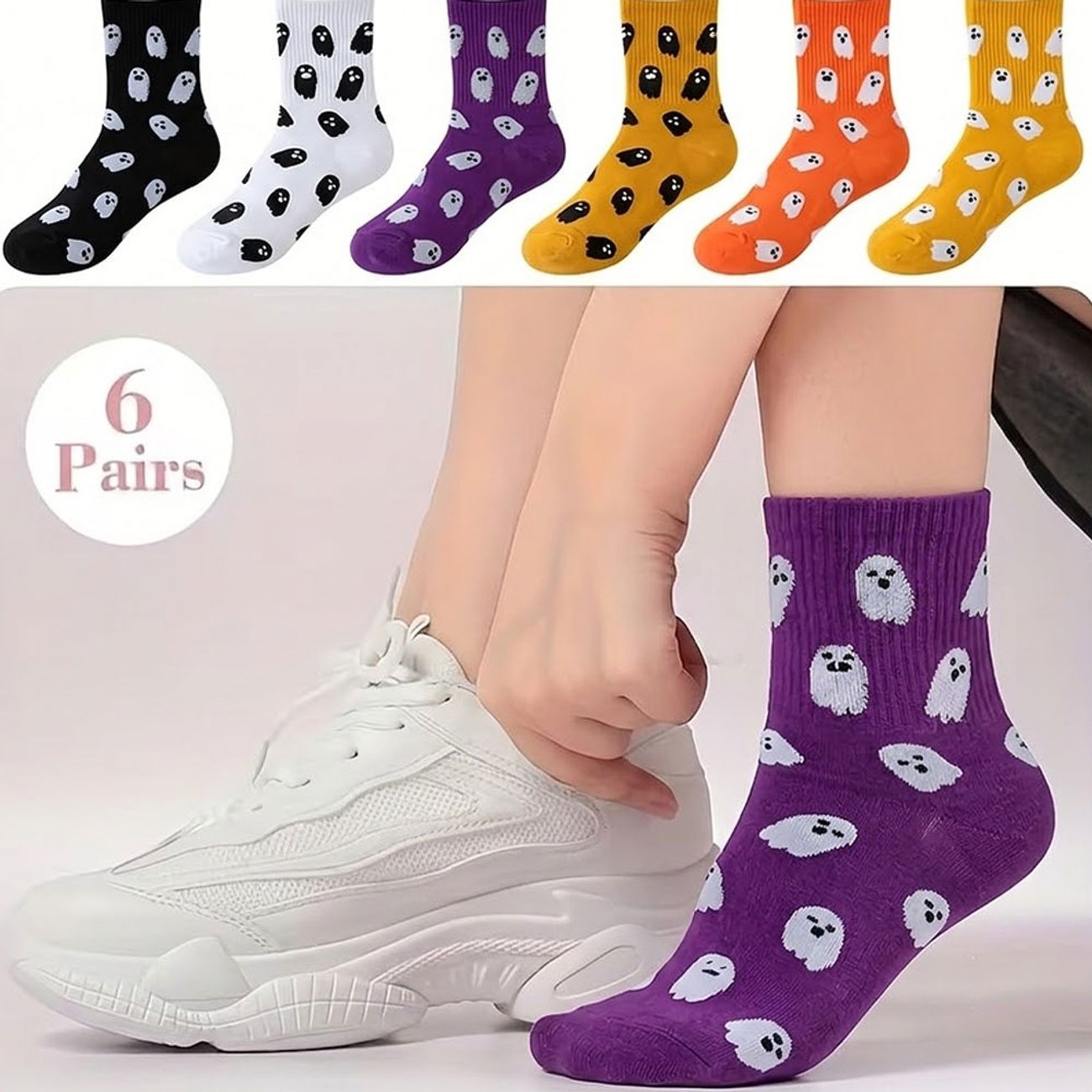 6-Pair Halloween Ghost Socks – Unisex Crew Socks - Image 4