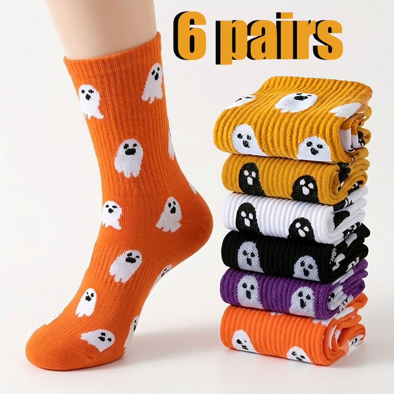 6-Pair Halloween Ghost Socks – Unisex Crew Socks - Image 5