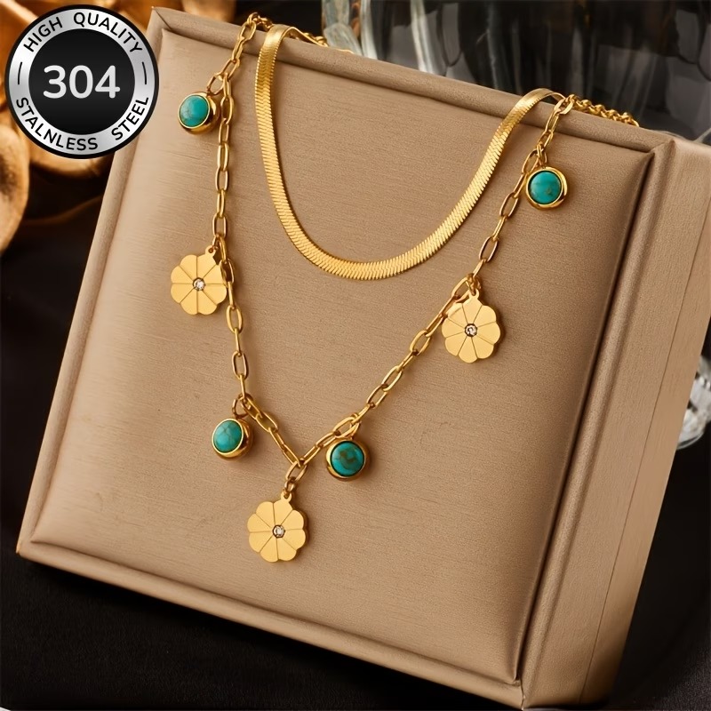 Double Layer Turquoise Flower Pendant Necklace