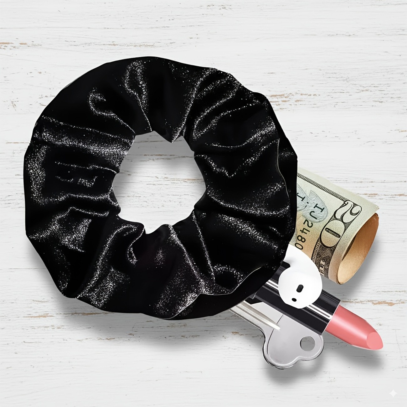 Velvet Hair Scrunchie with Zipper Pocket – Black Elastic Hair Tie