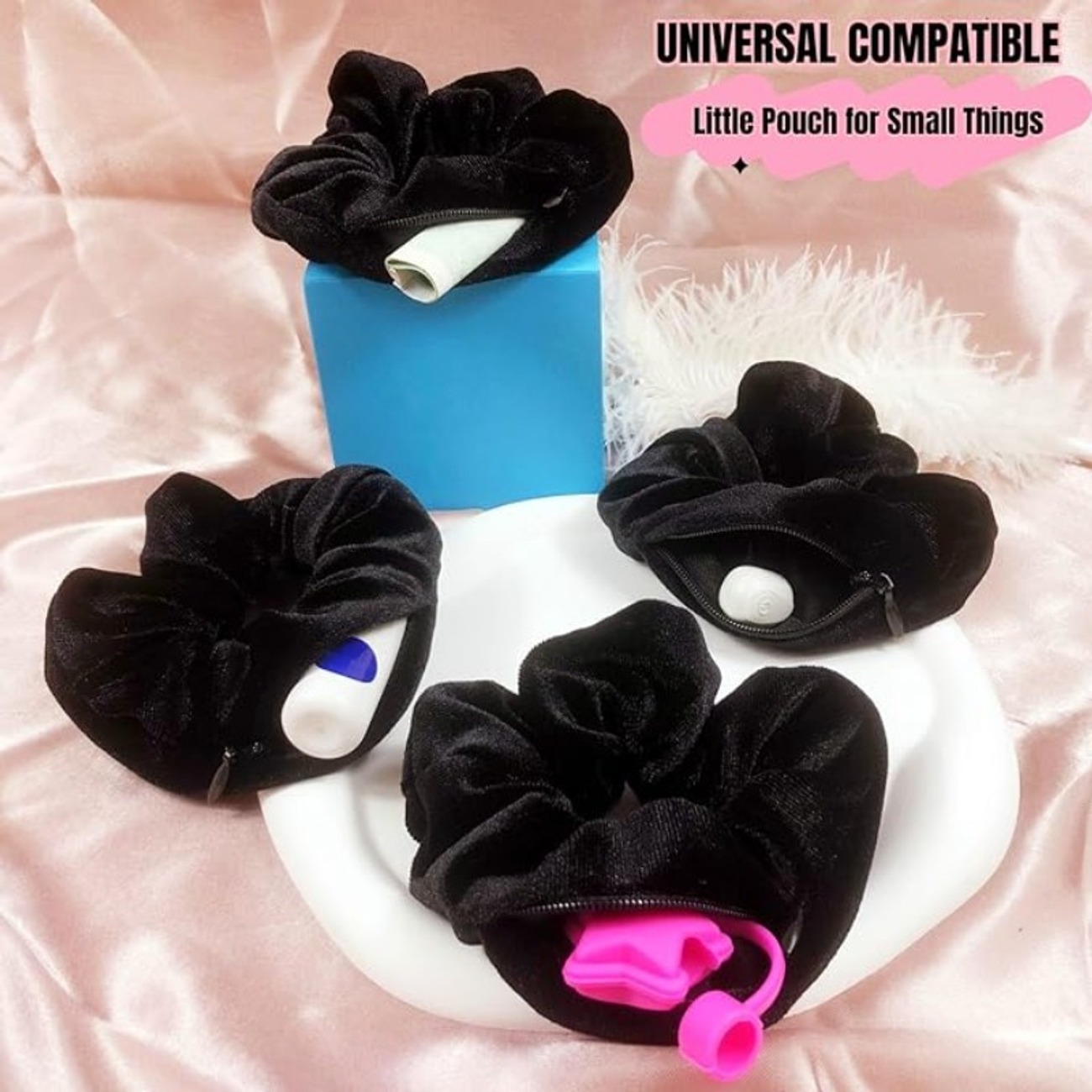Velvet Hair Scrunchie with Zipper Pocket – Black Elastic Hair Tie - Image 6