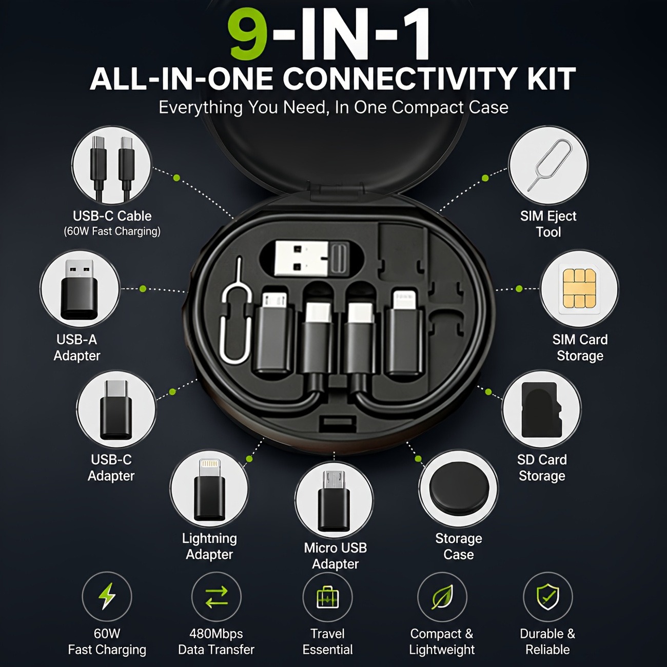 9-in-1 60W Fast Charging Cable Organizer Kit