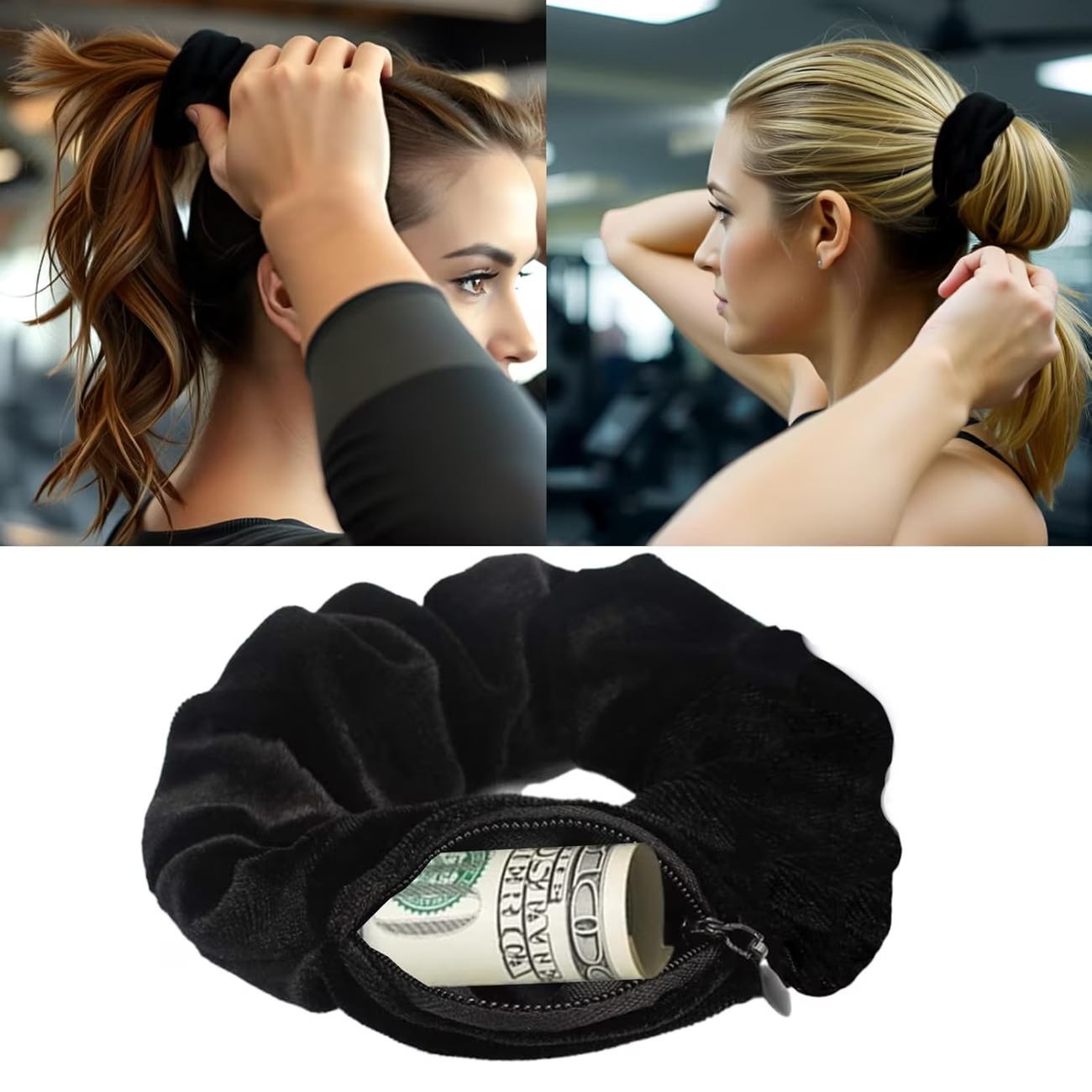 Velvet Hair Scrunchie with Zipper Pocket – Black Elastic Hair Tie - Image 4