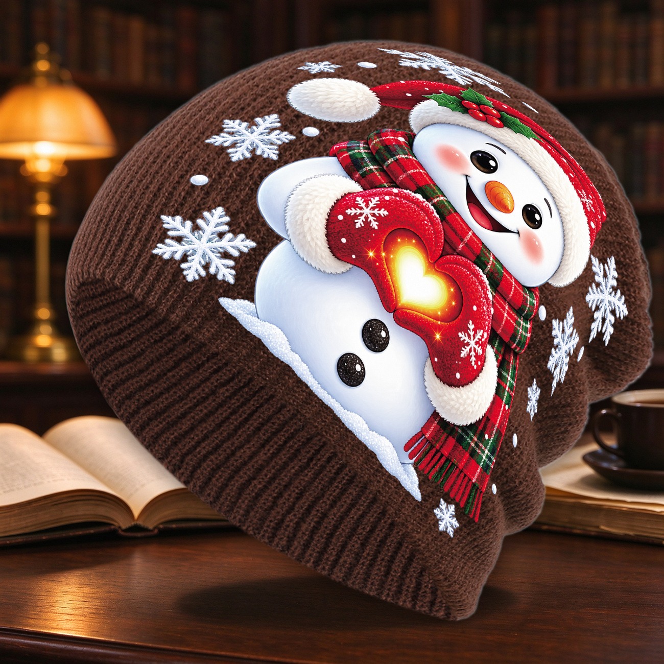 Light-Up Snowman Heart Print Winter Beanie
