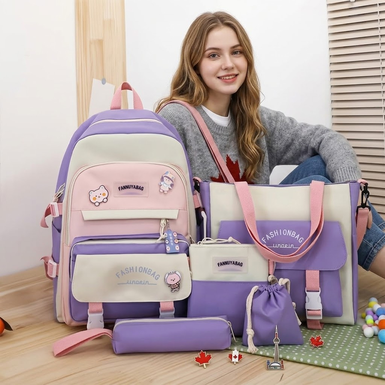 NATG300 Cute lightweight backpack set with shoulder bag & pencil case, 5 pack - Image 1