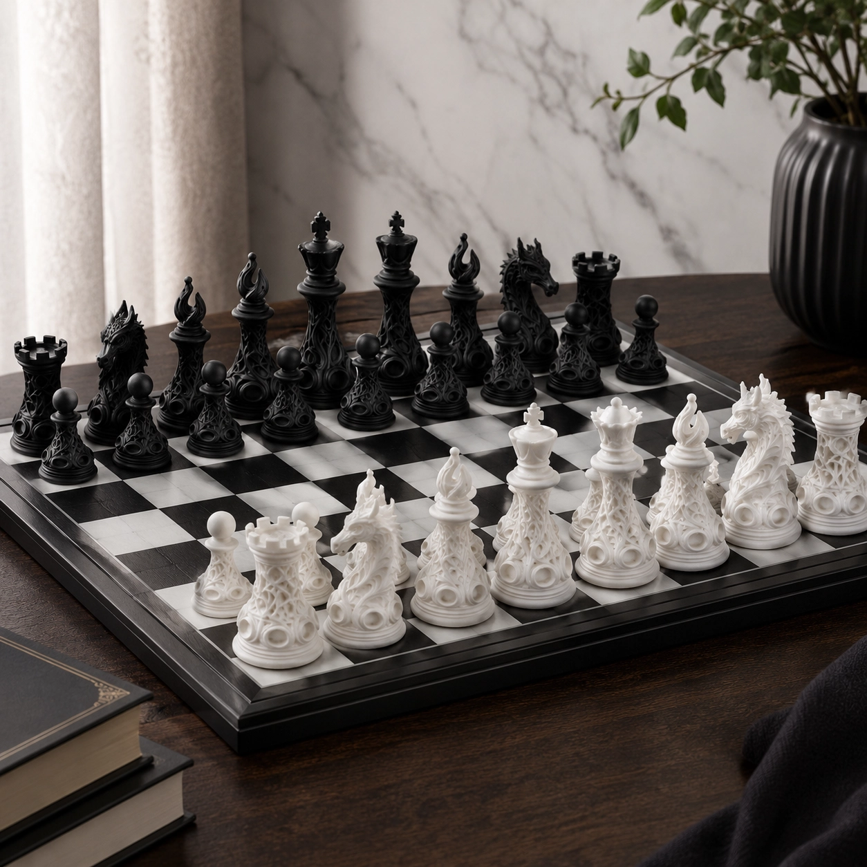 NATG318 Gothic revival black and white chess set, 32 piece set - Image 1