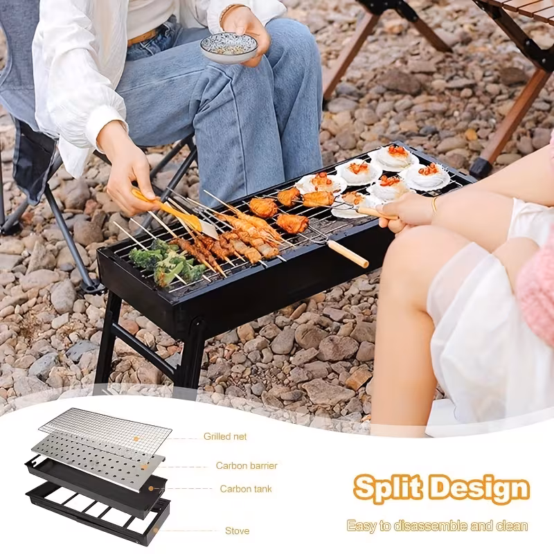 Heavy-Duty Portable Stainless Steel Charcoal BBQ Grill – Foldable Legs Outdoor Cooking Stove for Camping & Backyard