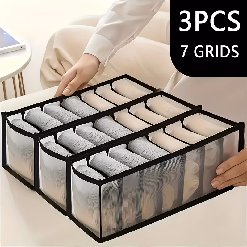 3PCS Space-Saving Mesh Socks Underwear & Belt Organizer Drawer Divider 7/11 Grids Foldable Storage Box for Wardrobe Organization