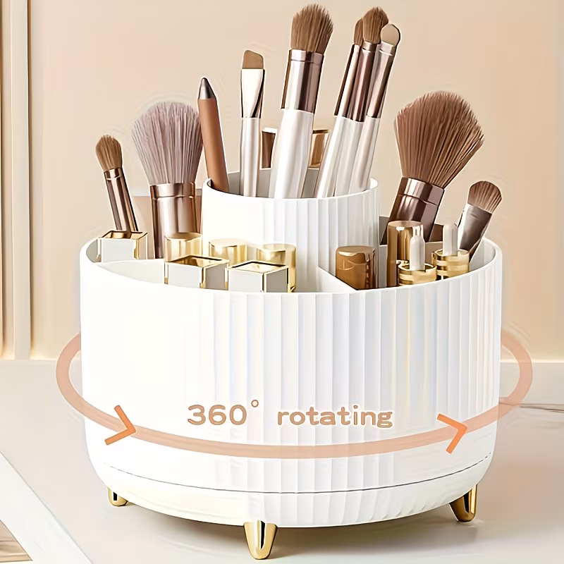 360° Rotating Makeup Organizer – 5-Compartment Cosmetic Storage Holder for Brushes, Lipsticks & Skincare