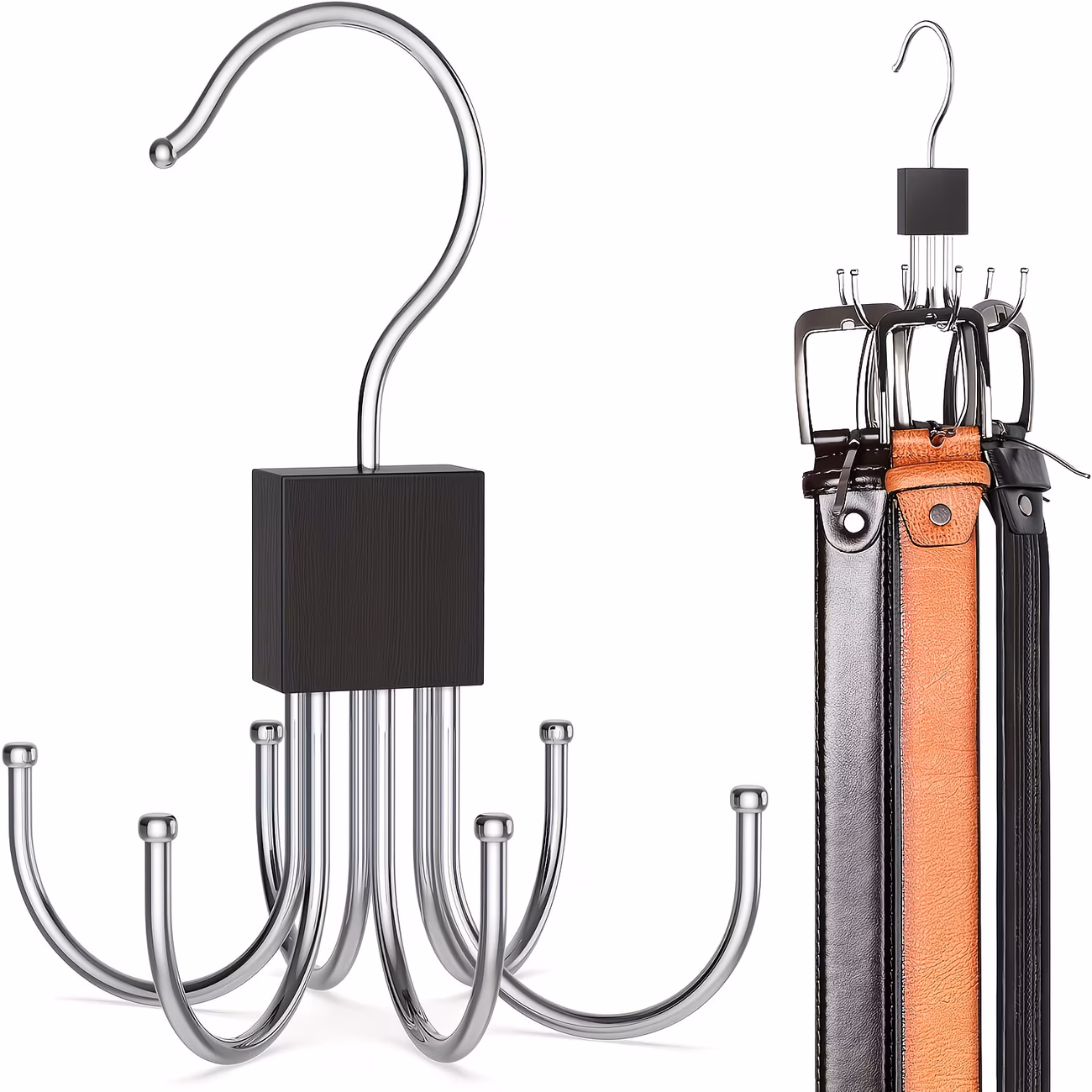 1-Piece Rotating Wooden Belt & Accessory Hanger – Multi-Use Closet Organizer with Stainless Steel Hooks
