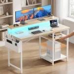 Computer desk with LED light & height-adjustable storage shelf, 1 unit