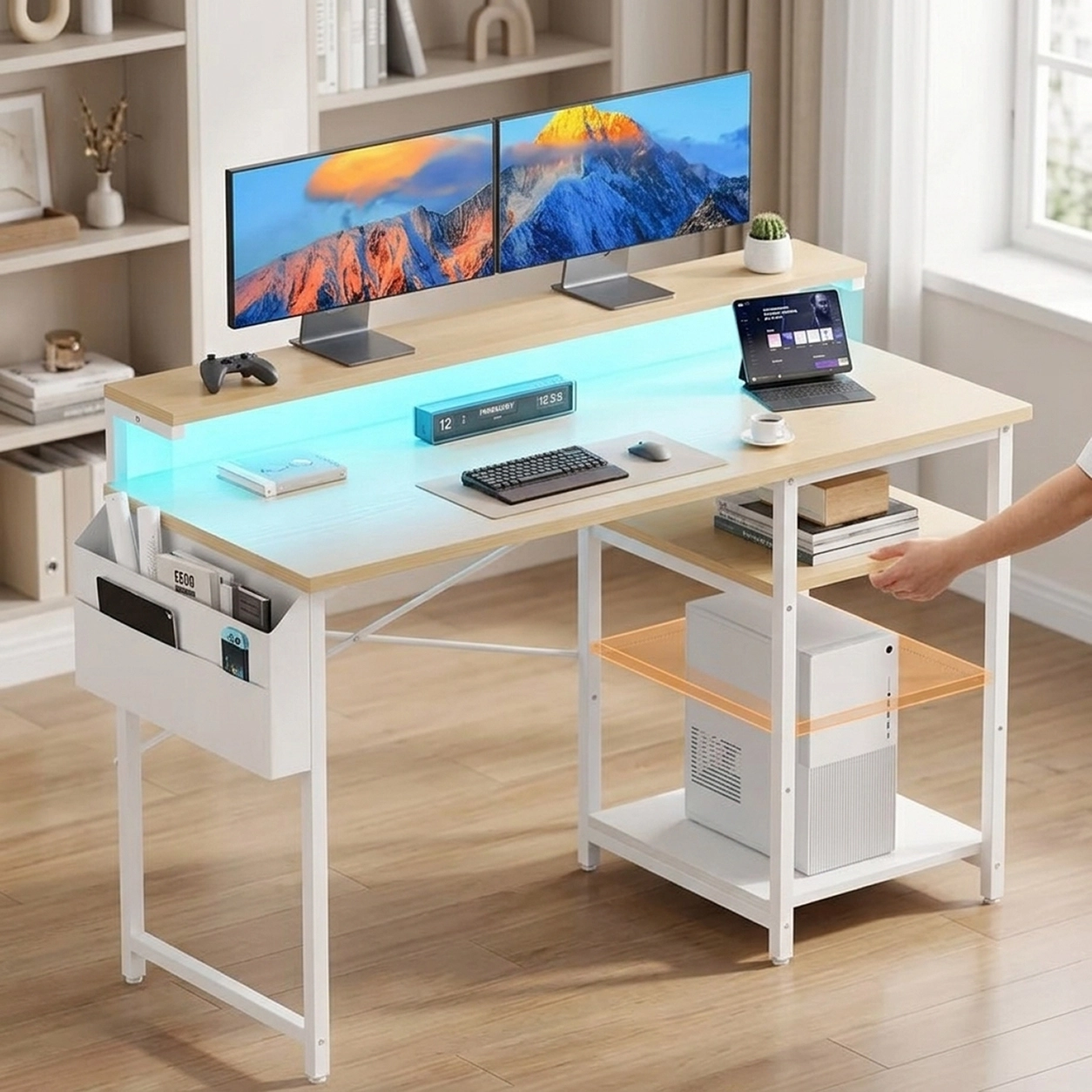 NATG403 Computer desk with LED light & height-adjustable storage shelf, 1 unit - Image 1