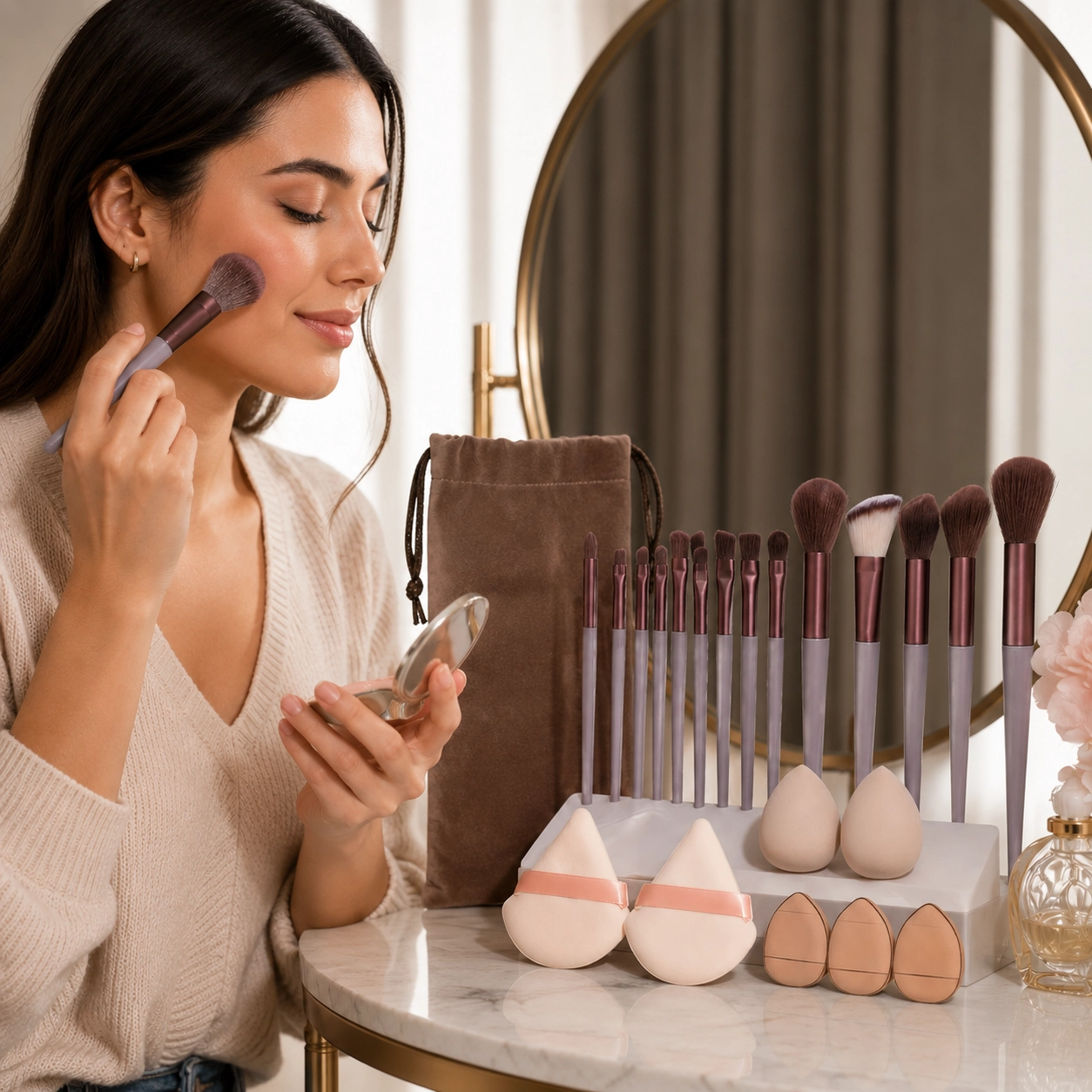 NATG470 Multifunctional makeup brush set with velvet storage pouch, 20 pack - Image 1