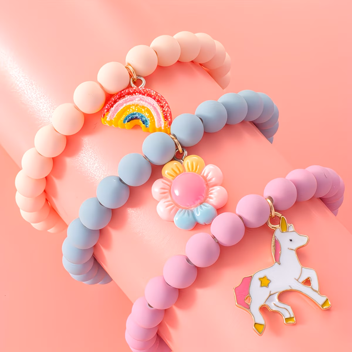 3pcs Cute Minimalist Unicorn Sunflower Rainbow Beaded Bracelets for Girls' Daily Wear