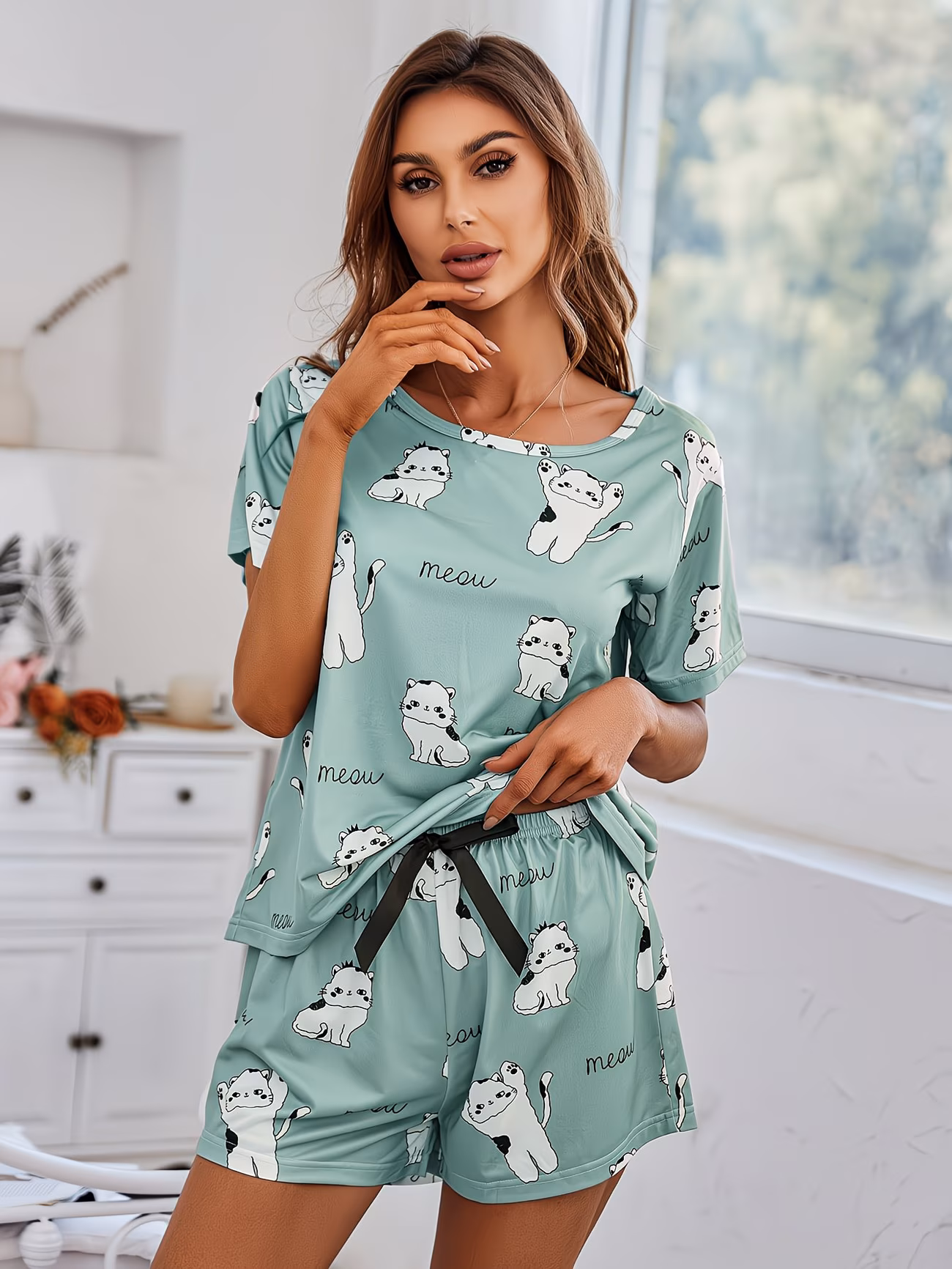 New Comfortable Breathable Short-Sleeve Cartoon Print Women's Pajama Set – Casual Sleepwear Loungewear for Summer, Soft and Lightweight