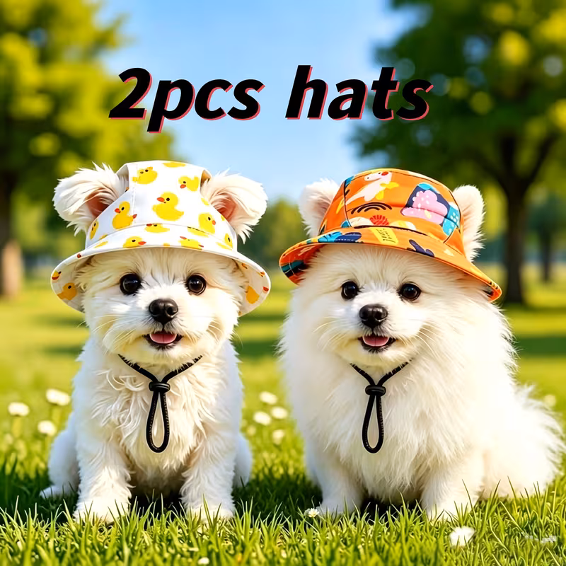 2pcs Pet Dog Sun Hats – Cute Duck & Colorful Print Bucket Hats with Ear Holes, Adjustable Chin Strap, Summer Outdoor Sun Protection for Small Dogs & Cats