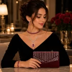Red Rhinestone Evening Clutch Bag Set with Jewelry
