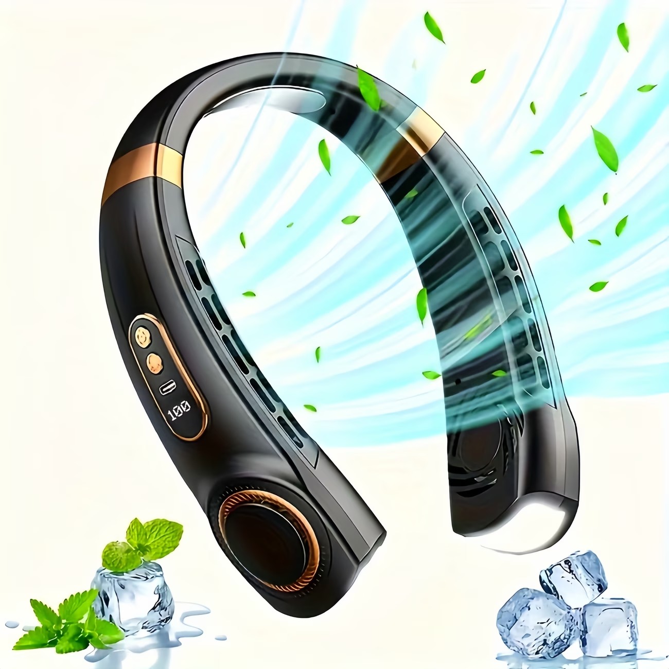 USB Rechargeable Portable Neck Fan with LED Lights (14) USB Rechargeable Portable Neck Fan with LED Lights - Image 1
