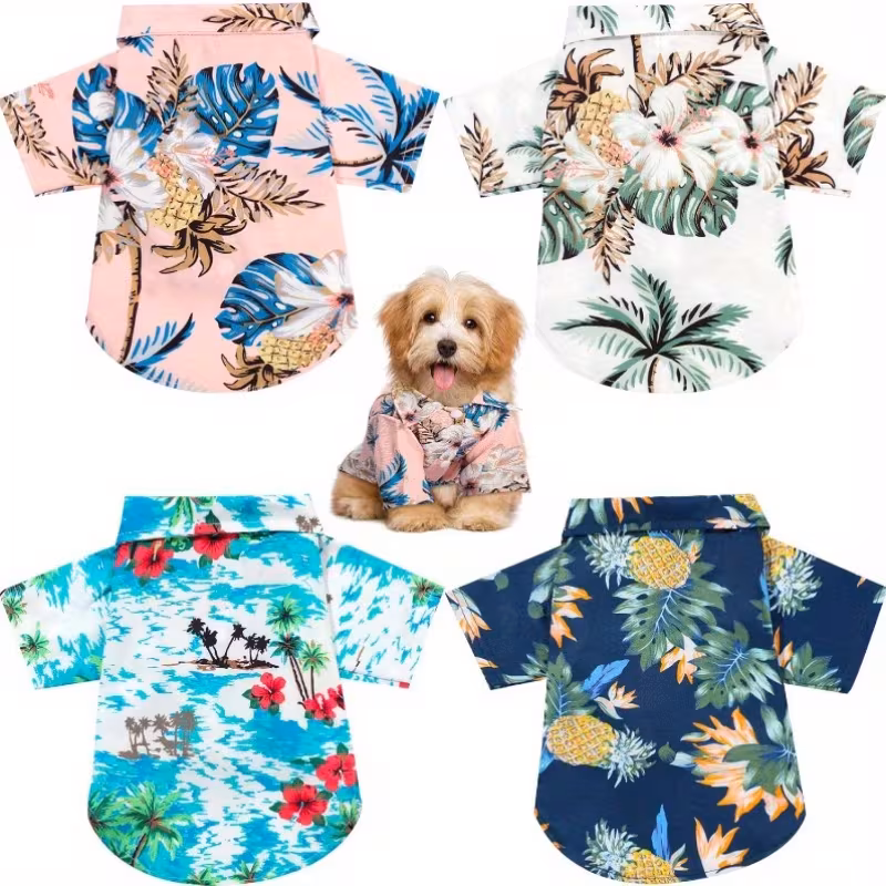 4pcs Hawaiian Coconut Tree Floral Pattern Puppy Shirts – Pet Summer T-Shirts, Breathable Cool Dog Kitten Clothes