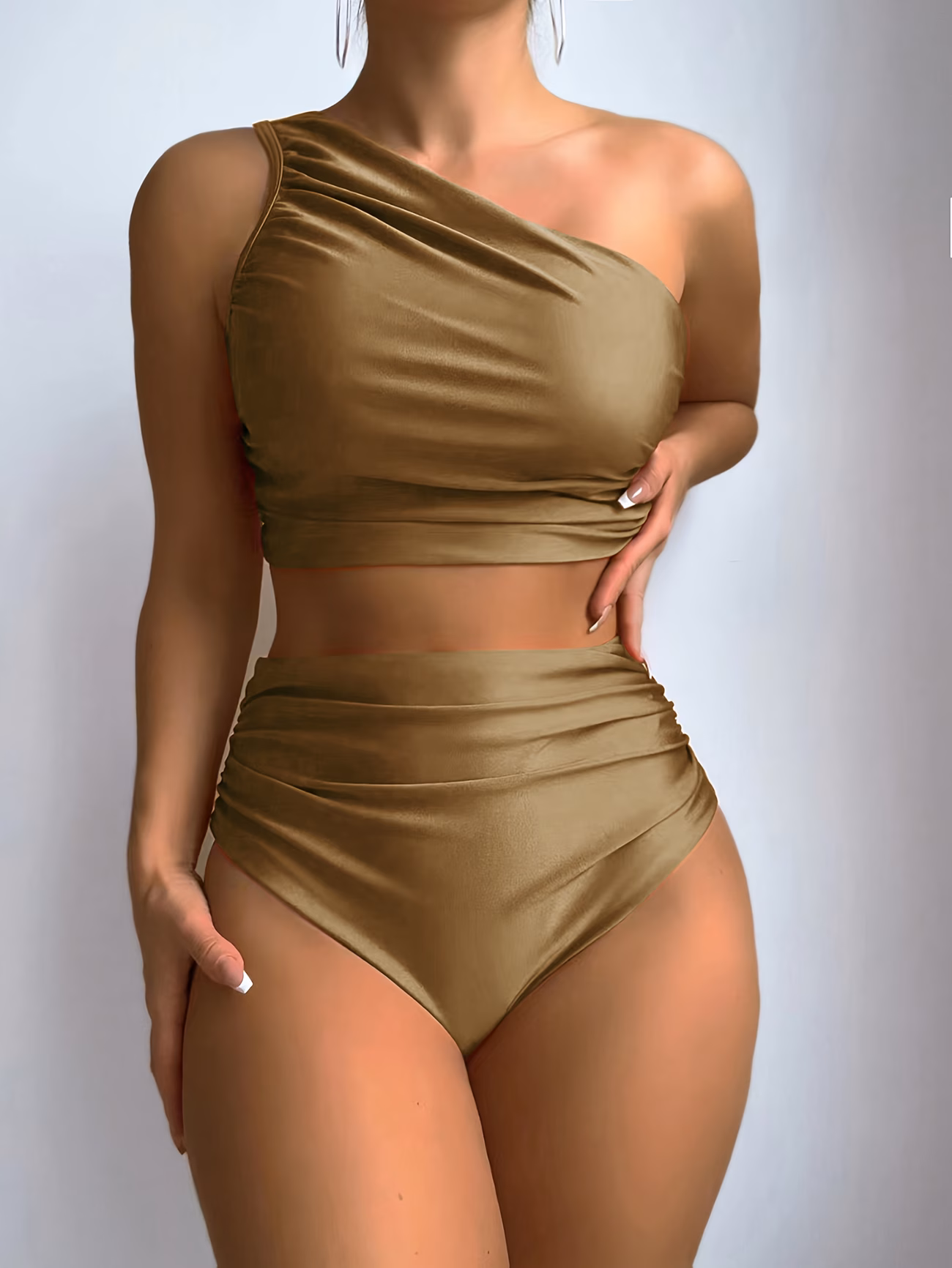 Solid Color One-Shoulder High-Waist Bikini Set – Stylish Summer Swimwear for Beach & Vacation