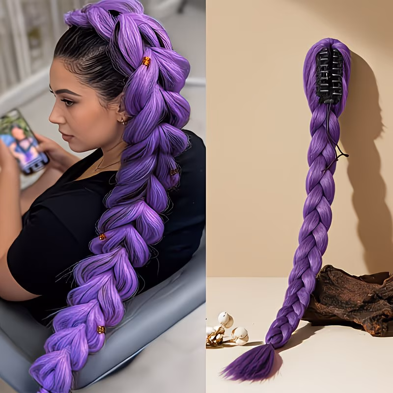 K-pop Anime Character Purple Long Hair Fishbone Braid Hair Clip Ponytail Synthetic Wig – High-Temperature Resistant Fiber, Curly Waves for Adult Women, Cosplay, Anime, and Daily Wear