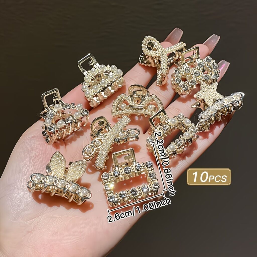 10pcs Small Alloy Mini Hair Clips with Bow and Rhinestones – Korean Hair Accessories for Bangs and Princess Hairstyles