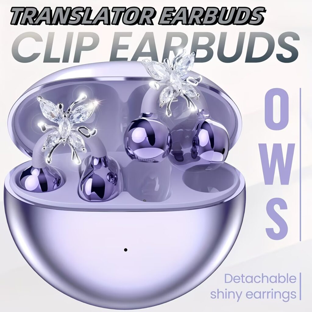Clip-On AI Translator Earbuds with Detachable Gemstone Earrings