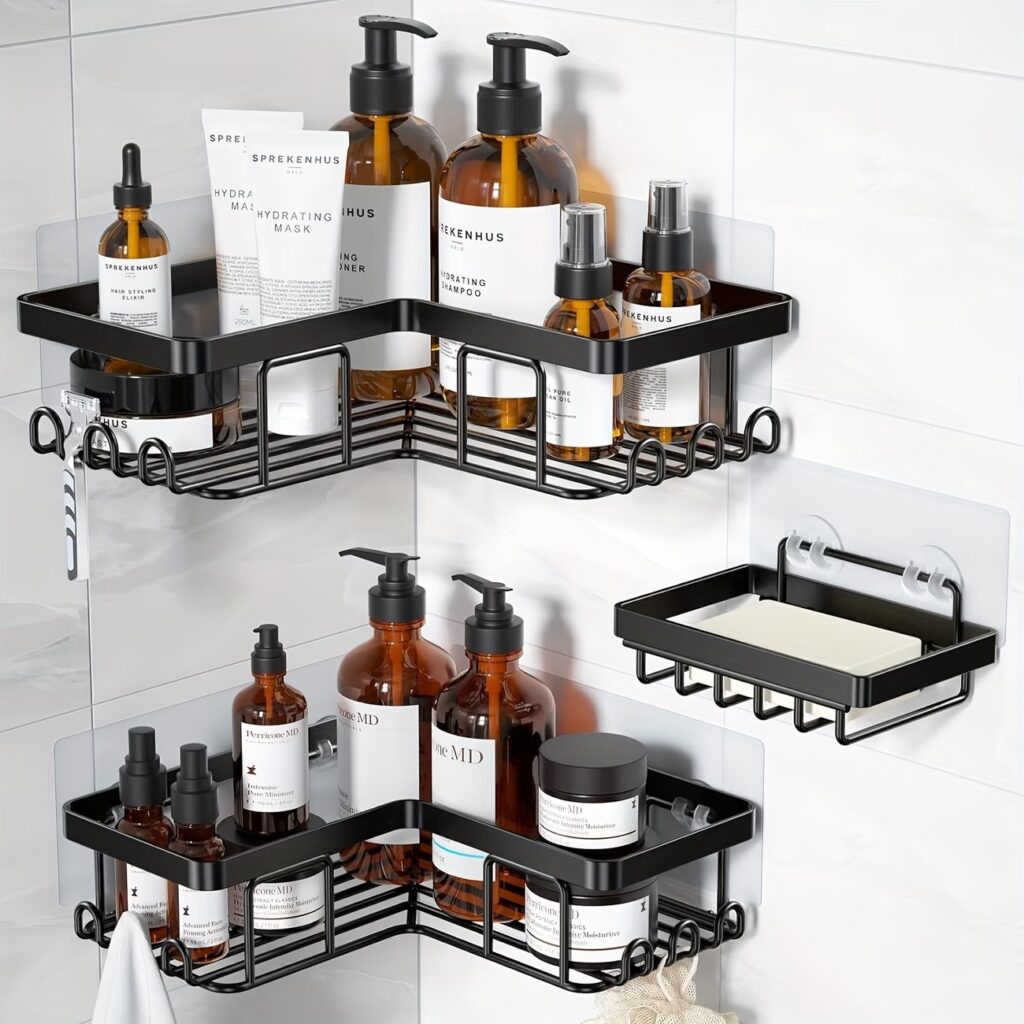 3-Pack Shower Caddy Organizer – Wall-Mounted Corner Shower Shelves with Soap Holder & Hooks