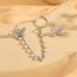 Butterfly Pearl Chain Ear Cuff Clip Earrings – No Piercing, Rhinestone Tassel Design - Image 7