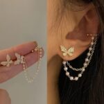 Butterfly Pearl Chain Ear Cuff Clip Earrings – No Piercing, Rhinestone Tassel Design