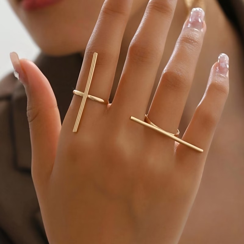 Fashionable Geometric Open Rings – Minimalist Gold-Tone Women's Ring Set
