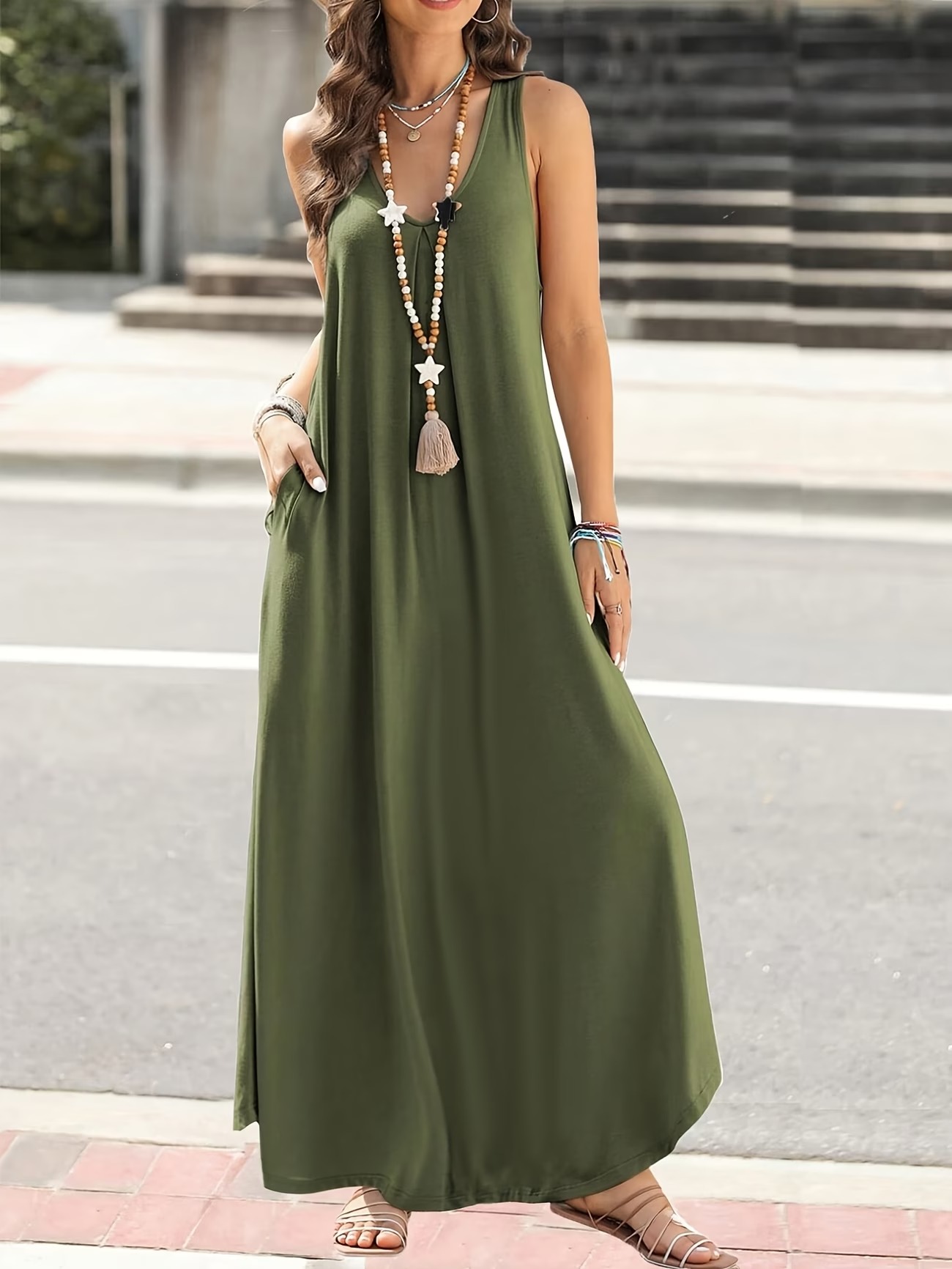 Long-Dress-–-Womens-SpringSummerAutumn-Casual-Solid-Color-Sleeveless-V-Neck-Dress-1-1.jpg Long Dress – Women's Spring/Summer/Autumn Casual Solid Color Sleeveless V-Neck Dress - Image 1