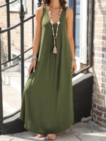 Long Dress – Women's Spring/Summer/Autumn Casual Solid Color Sleeveless V-Neck Dress - Image 3