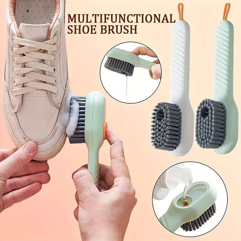 Multi-Functional Liquid Dispenser Cleaning Brush – Soft Bristle Shoe Brush with Plastic Handle for Bathroom, Kitchen & Laundry