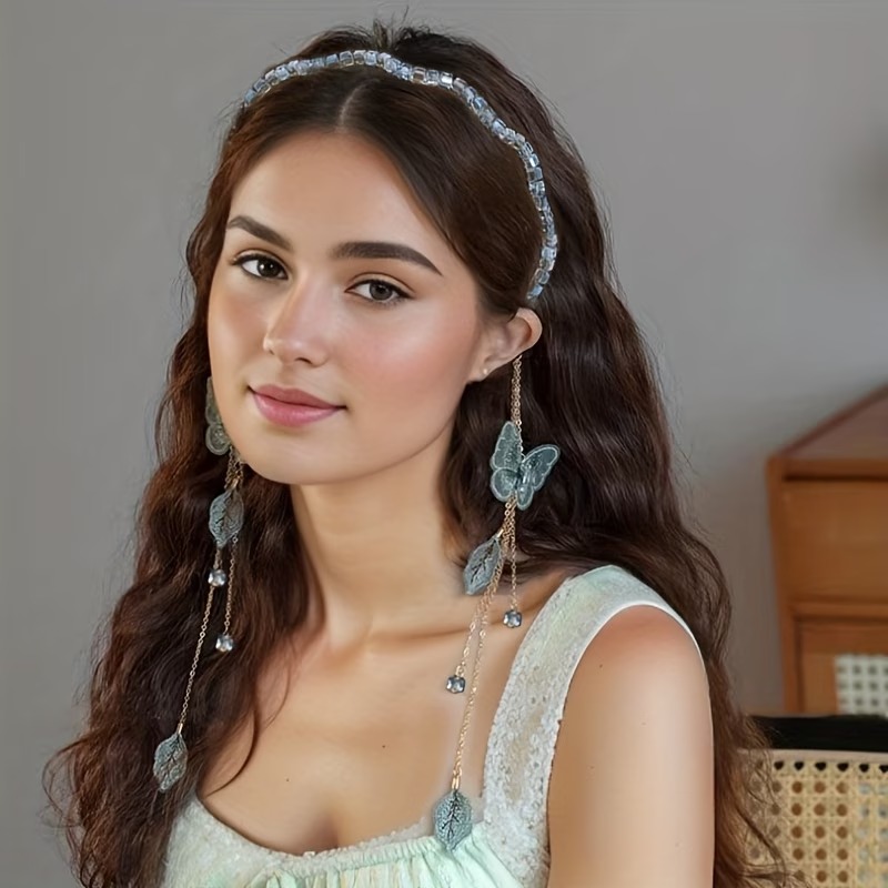 Romantic Butterfly Tassel Headband – Embroidered Butterfly Leaf Pendant Hair Band