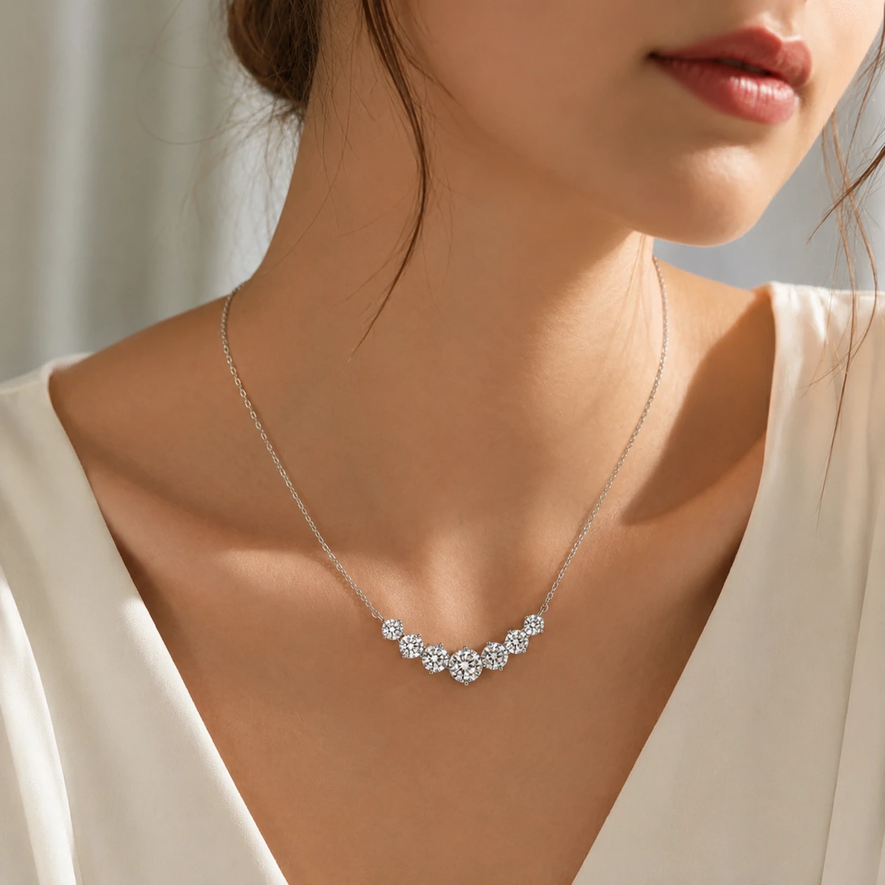 Silver Necklace S925 Sterling Silver Necklace with 7 Moissanite Stones – 4.7 Carat Total, Adjustable Collarbone Chain - Image 1