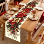 1pc Christmas Table Runner – Vintage Poinsettia & Holly Berry Printed Polyester Table Decor for Holiday Dining