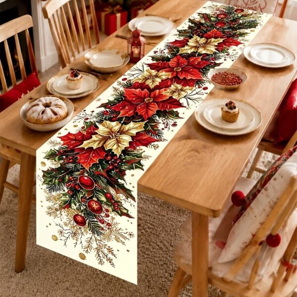 1pc Christmas Table Runner – Vintage Poinsettia & Holly Berry Printed Polyester Table Decor for Holiday Dining