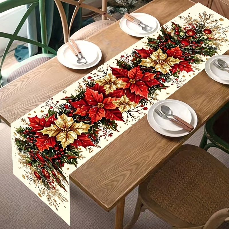1pc Christmas Table Runner – Vintage Poinsettia & Holly Berry Printed Polyester Table Decor for Holiday Dining - Image 11