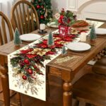 1pc Christmas Table Runner – Vintage Poinsettia & Holly Berry Printed Polyester Table Decor for Holiday Dining - Image 3