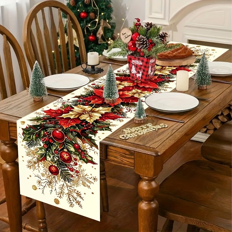 1pc Christmas Table Runner – Vintage Poinsettia & Holly Berry Printed Polyester Table Decor for Holiday Dining - Image 3